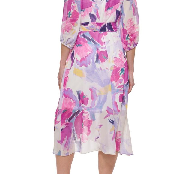 DKNY Women's Floral-Print Balloon-Sleeve Tie-Waist V-Neck Dress Size 12 - Picture 10 of 10